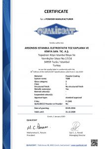 QUALICOAT Certificate for Arsonsisi powder coatings T600 series